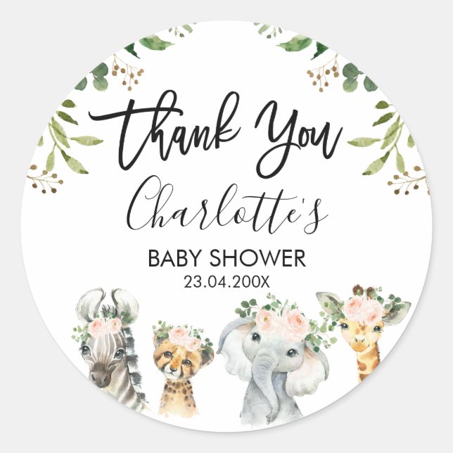 Safari Pink Floral Foliage Baby Shower Favour Stic Classic Round Sticker (Front)