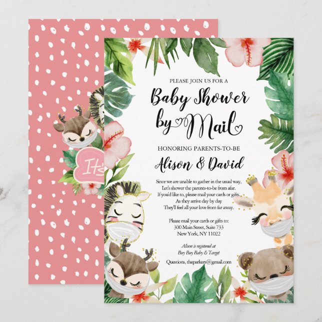 Safari Pink Floral Greenery Girl Shower by Mail In Invitation (Front/Back)