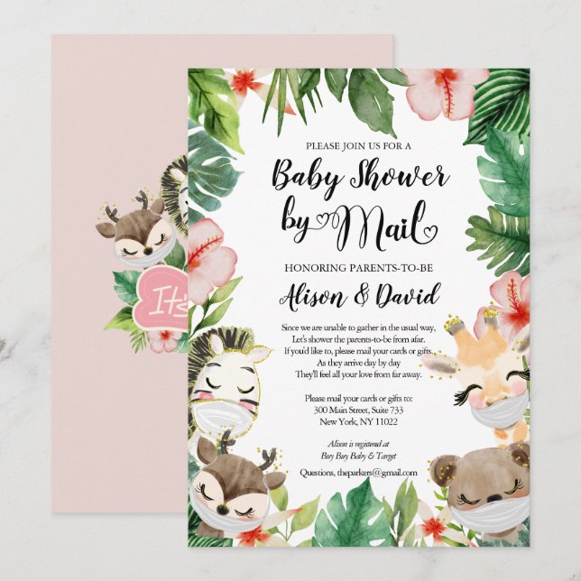 Safari Pink Floral Greenery Girl Shower by Mail Invitation (Front/Back)