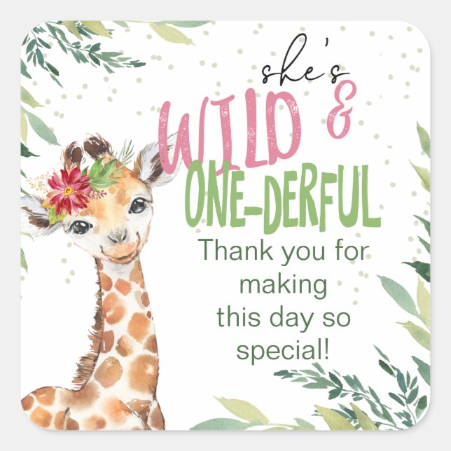 Safari Pink Giraffe Wild One 1st Birthday Party Square Sticker (Front)