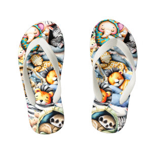 Safari sleeping wild animals jungle boys girls kid's flip flops