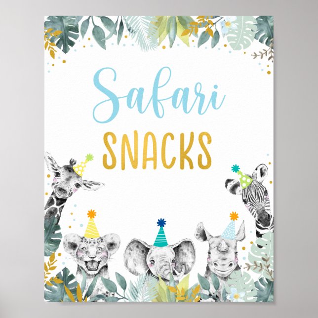 Safari Snacks Blue Gold Party Animal Birthday Sign (Front)