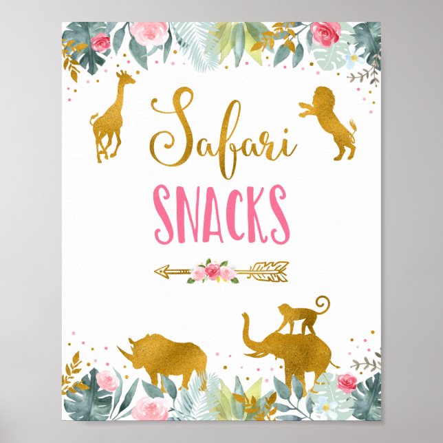 Safari Snacks Pink Gold Greenery Birthday Sign (Front)