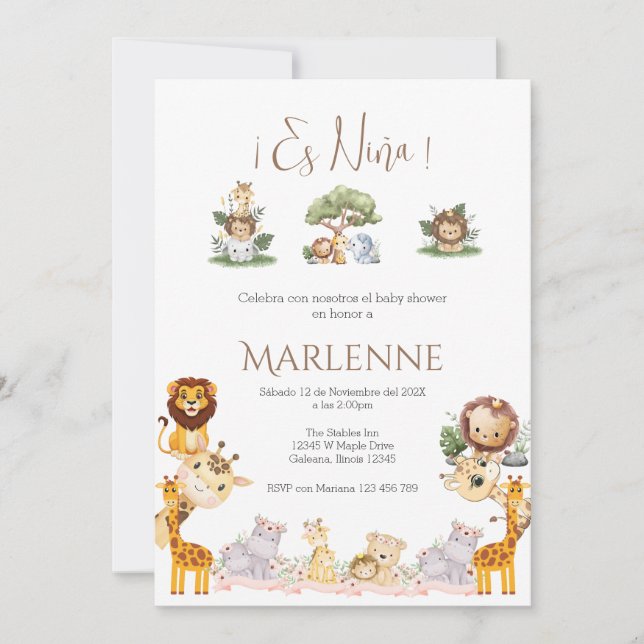Safari Spanish Baby Shower Girl invitation (Front)