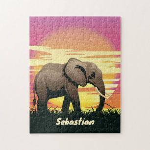 Safari Sunset Elephant Silhouette Personalized Jigsaw Puzzle