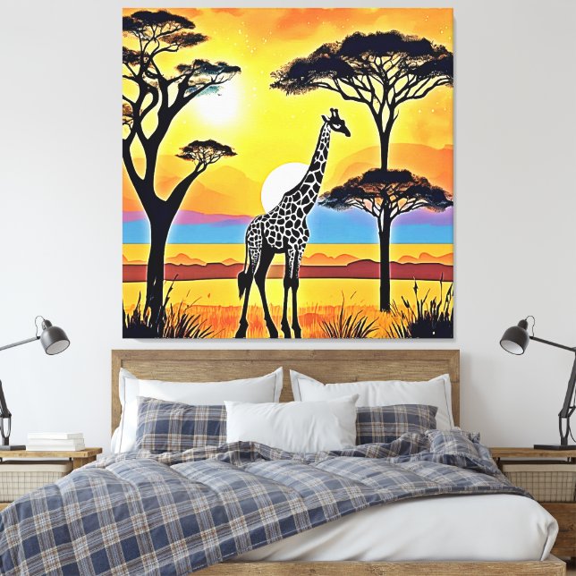 Safari Sunset: Giraffe's Embrace Canvas Print (Insitu(Bedroom))