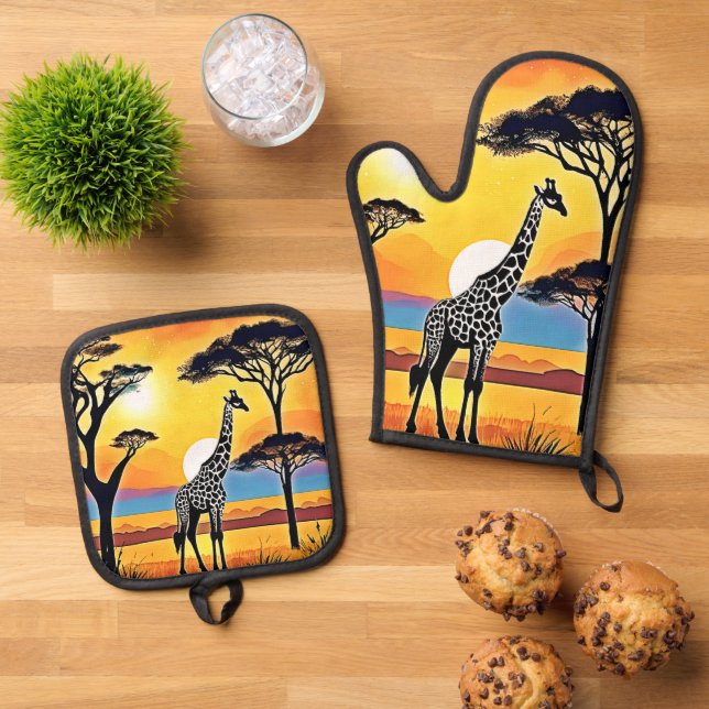 Safari Sunset: Giraffe's Embrace Oven Mitt & Pot Holder Set (Top Down)
