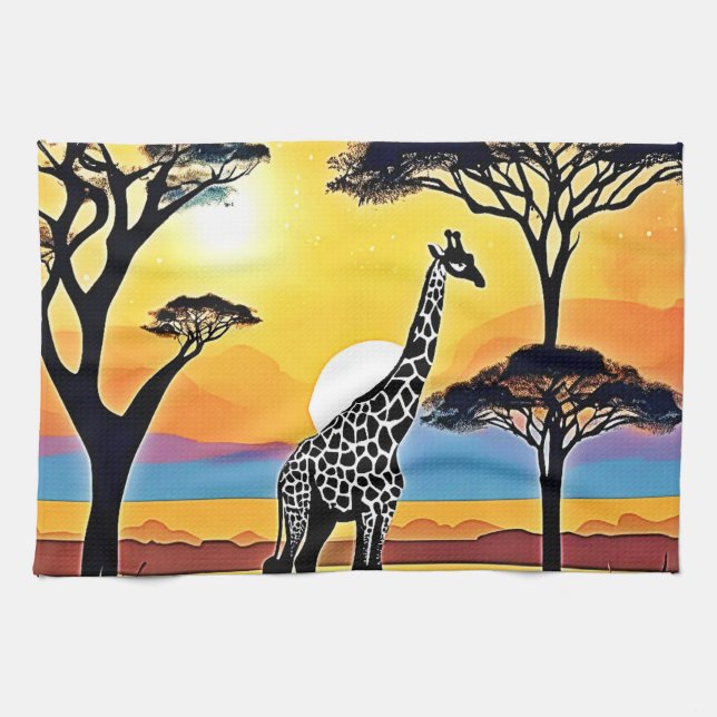 Safari Sunset: Giraffe's Embrace Tea Towel (Horizontal)