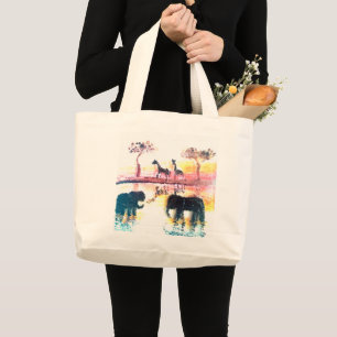 Safari Sunset Painting Elephant, Giraffe Large Tote Bag
