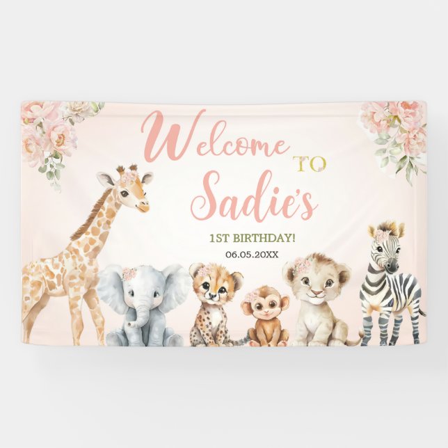 Safari Sweet Girl Floral Birthday  Banner (Horizontal)