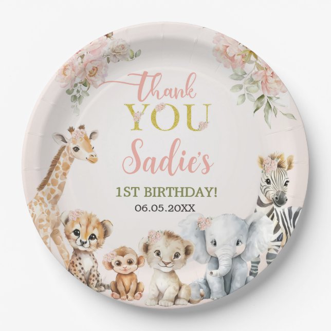 Safari Sweet Girl Floral Birthday Paper Plate (Front)