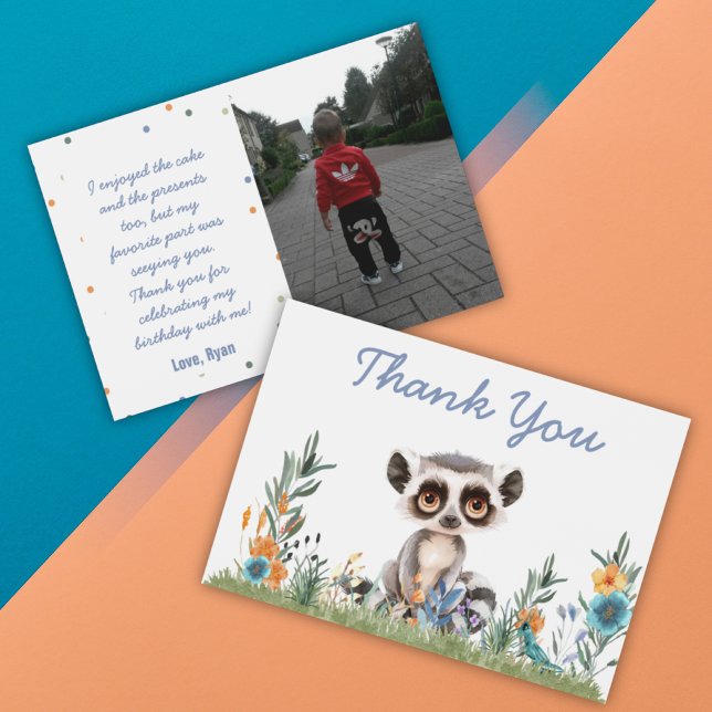 Safari Thank You Card (Safari Jungle Personalizable Photo Colorful Watercolor Flowers Monkey Birthday Thank You Card)