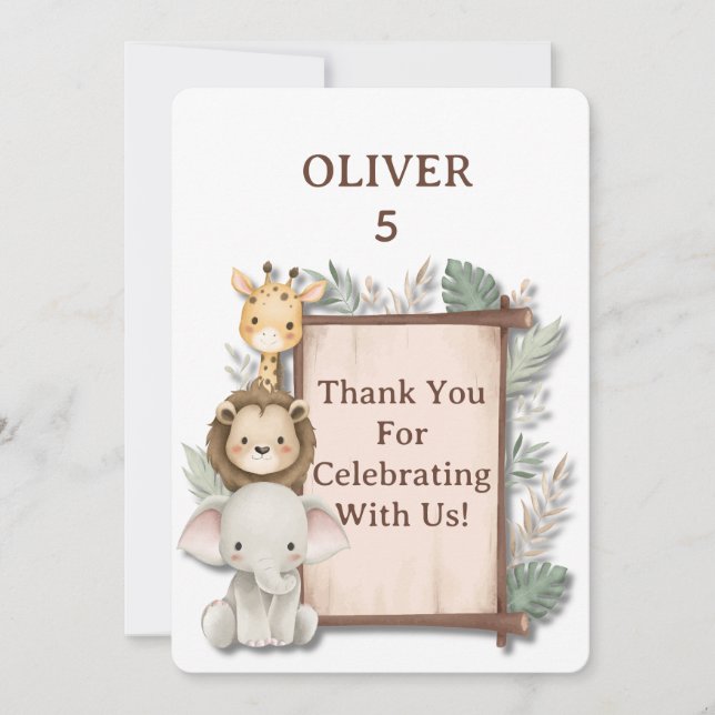 Safari Thank You Card, Oliver Birthday Thank You  (Front)