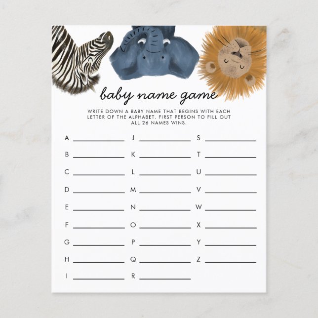 Safari Theme Baby Name Shower Game (Front)