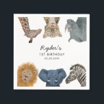 Safari Theme Birthday Party Kids Napkin<br><div class="desc">Fun and cute safari theme birthday party paper napkin featuring illustrations of zoo animals including a giraffe,  snow leopard,  rhino,  lion,  elephant,  and zeebra. Perfect for a boy's party.</div>