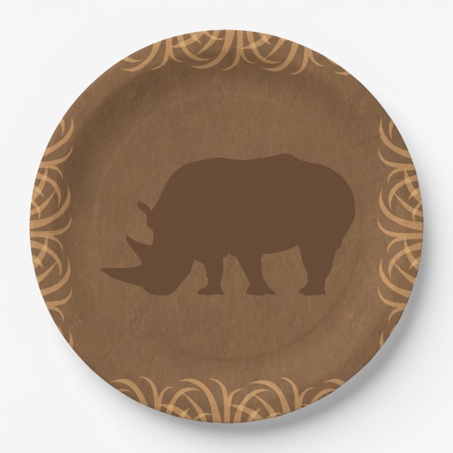 Safari Theme Rhino with Tall Grass Border Paper Plate (Front)
