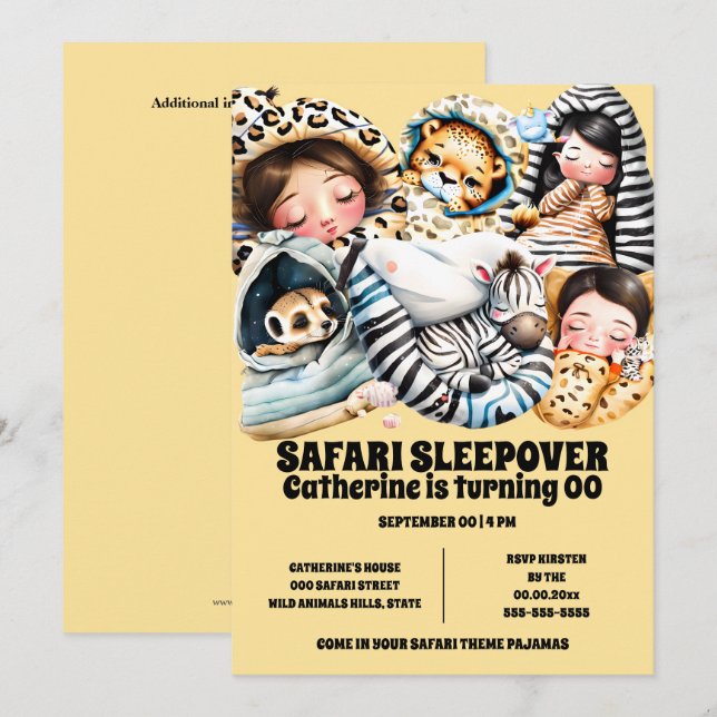 Safari theme sleepover slumber pajama kids invitation (Front/Back)
