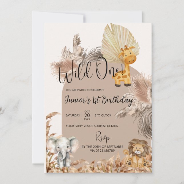 Safari Theme Wild One 1st Kids Birthday Invitation (Front)