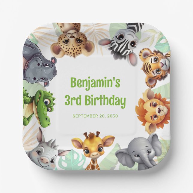 Safari Themed Jungle Animal Child's Birthday Party Paper Plate (Front)