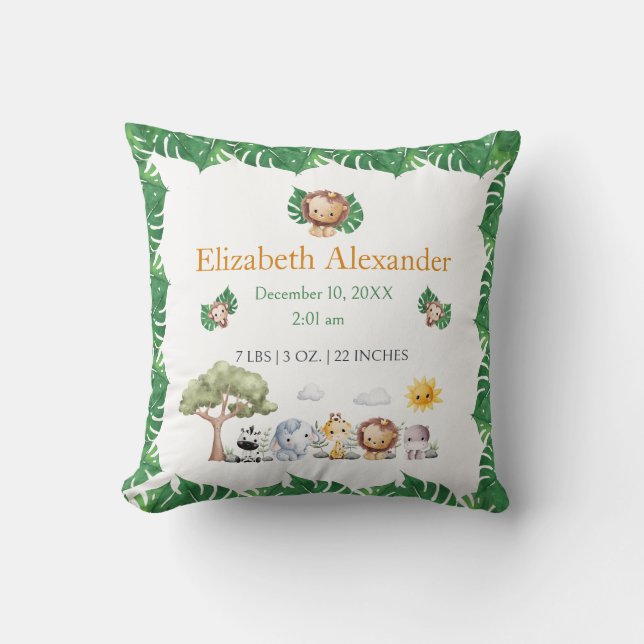 Safari themed jungle animals baby birth stats cushion (Front)