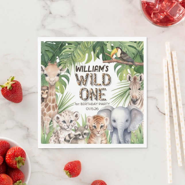Safari Themed Jungle Animals WIld One 1st birthday Napkin (Insitu)