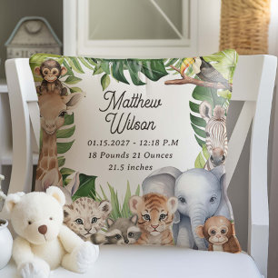 Safari themed nursery birth stats baby animals  cushion