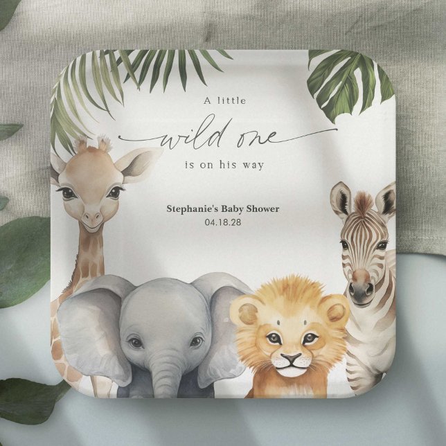 Safari Themed Wild One Animals Baby Boy Shower Paper Plate (A little Wild One is on her way, Safari animal baby boy shower party paper plates.)