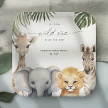 Safari Themed Wild One Animals Baby Boy Shower Paper Plate<br><div class="desc">Celebrate the arrival of a baby boy with PixeliaDesigns' "Wild One Safari Animals" baby shower paper plates, designed to add a touch of adventure to your special occasion. Each plate features adorable watercolor illustrations of cute safari baby animals surrounded by lush tropical leaves, perfect for a "Little Wild One" theme....</div>