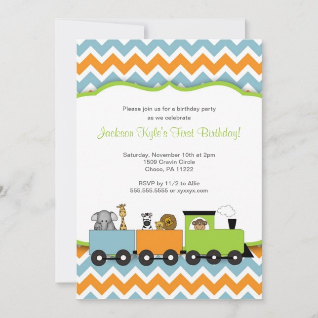 Safari Train Birthday party invites / zoo animals (Front)