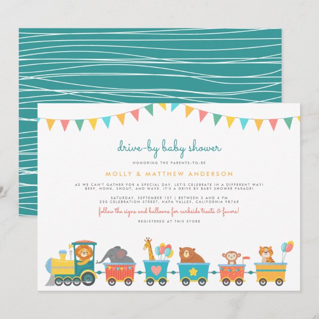 Safari Train & Bunting Cute Drive-By Baby Shower Invitation (Front/Back)