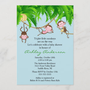 Safari Triplet Monkeys Baby Shower Invitation