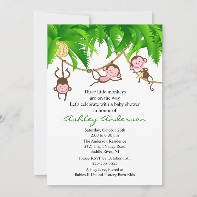 Safari Triplet Monkeys Baby Shower Invitation (Front)