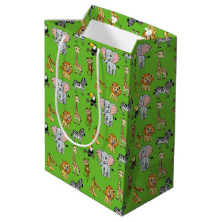 Safari Tropical Jungle Animals Cute Green Pattern Medium Gift Bag