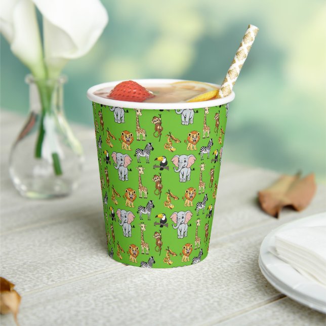 Safari Tropical Jungle Animals Cute Green Pattern Paper Cups (Insitu)