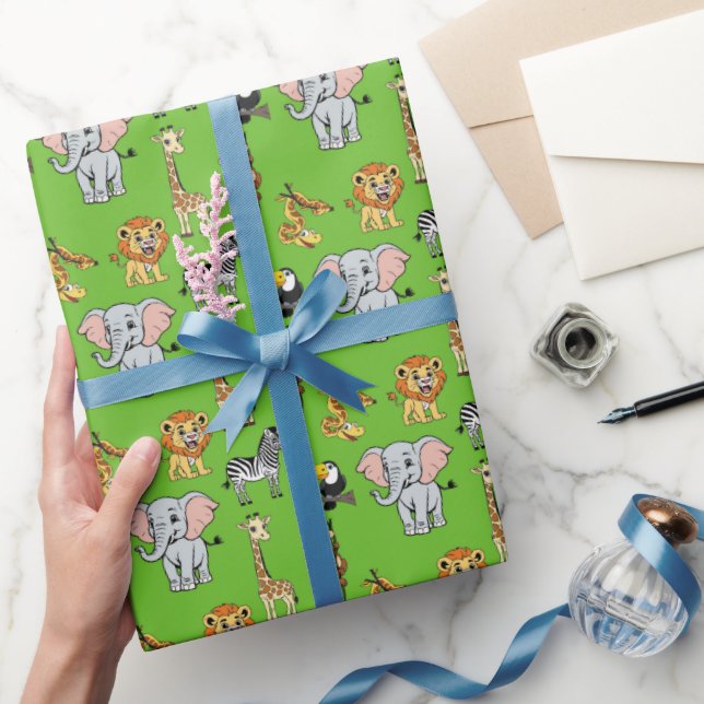 Safari Tropical Jungle Animals Cute Green Pattern Wrapping Paper (Gifting)