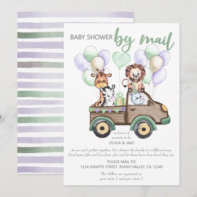 Safari Truck and Cute Animals Baby Shower by Mail Invitation (Front/Back)
