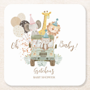 Safari Truck Jungle Animals Boho Baby Shower Square Paper Coaster