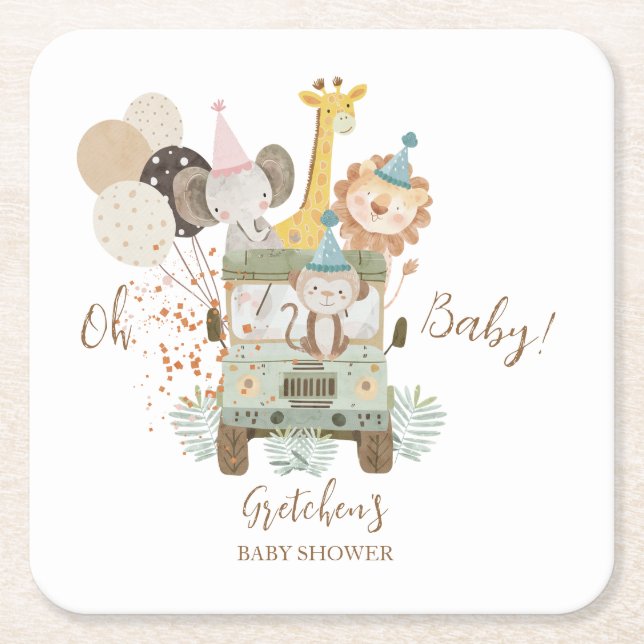 Safari Truck Jungle Animals Boho Baby Shower Square Paper Coaster (Front)