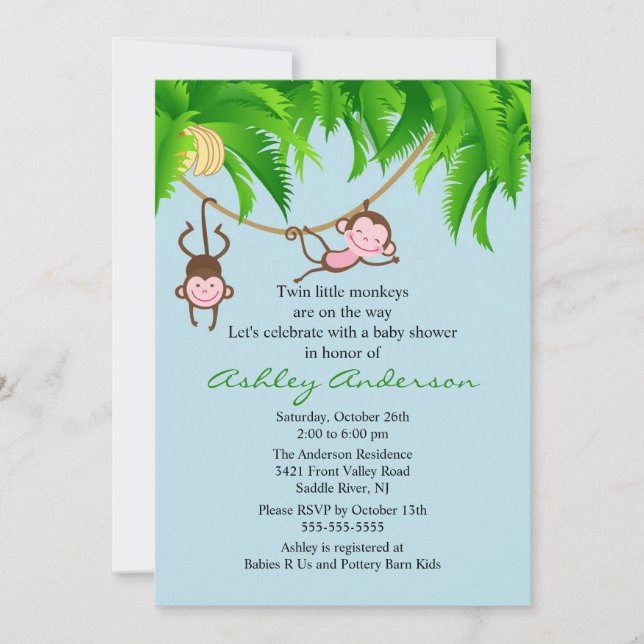 Safari Twin Monkeys Baby Shower Invitation (Front)