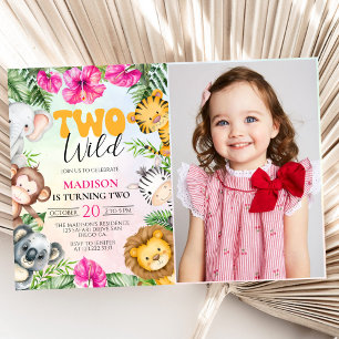 Safari Two Wild 2nd Girl Birthday Photo Invitation