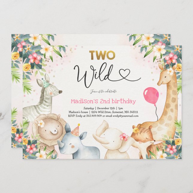 Safari Two Wild Birthday Invitation Two Wild Party (Front/Back)