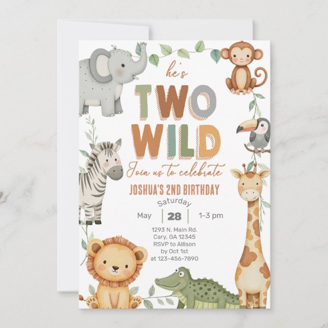 Safari Two Wild boy 2nd birthday invite. Invitation (Front)