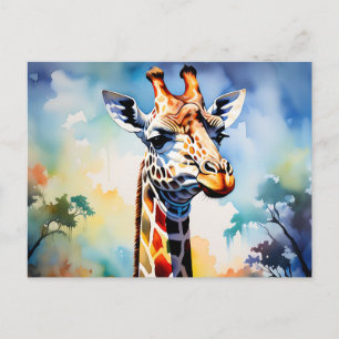 Safari Vibrant Giraffe in Watercolor Postcard