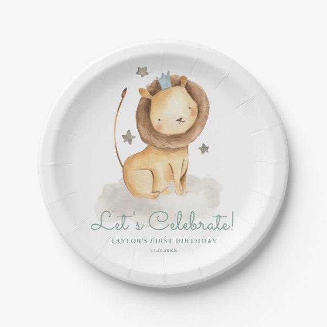 Safari Watercolor Lion Prince Kids Birthday Paper Plate (Front)