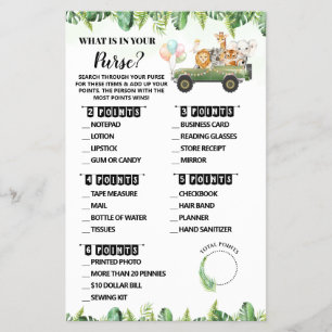 Safari What is in your Purse Baby Shower Game Card