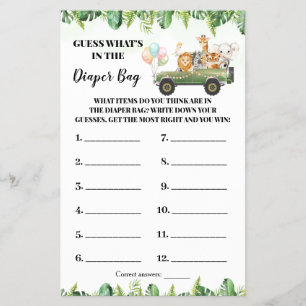 Safari What's in the Diaper Bag Shower Game card