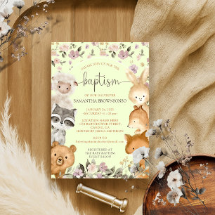 Safari Wild Animal Bear Fox Rabbit Racoon Baptism Invitation