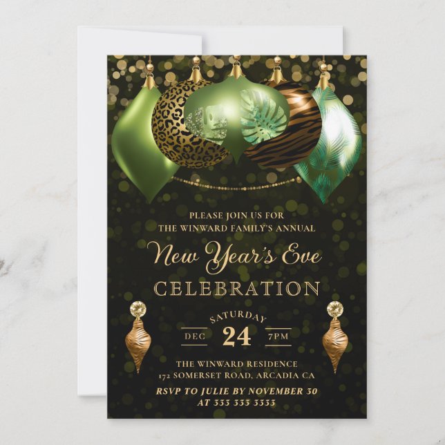 Safari Wild Animal Print Baubles New Year's Eve Invitation (Front)