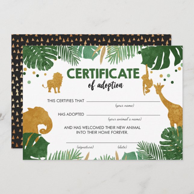 Safari Wild Animals Adoption Certificate Birthday Invitation (Front/Back)