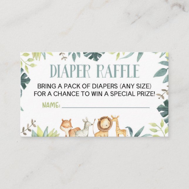 Safari Wild Animals Baby Shower Diaper Raffle Card (Front)